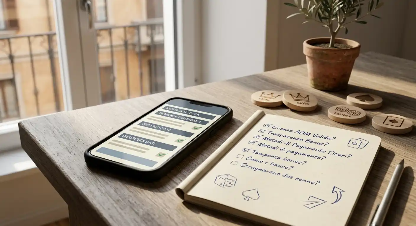 Illustrazione editoriale di una verifica su casinò online con checklist e smartphone, senza marchi