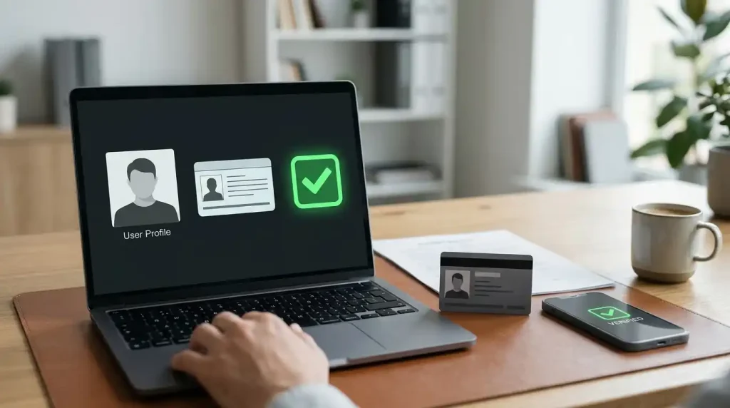 Illustrazione neutra di verifica conto con profilo, documento simbolico e spunta